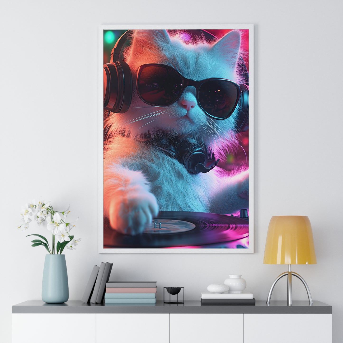 Cat DJ Neon Wall Art - Boss Beagle Vertical Framed Poster