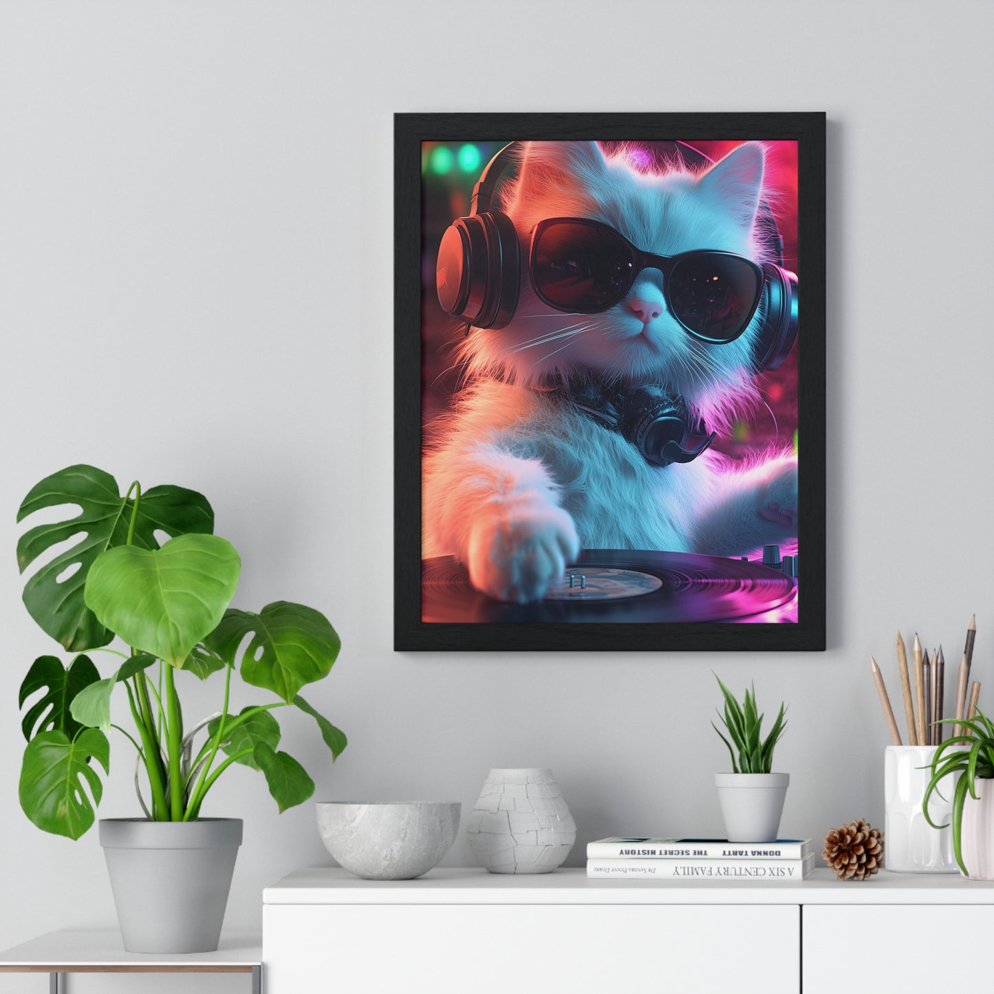 Cat DJ Neon Wall Art - Boss Beagle Vertical Framed Poster