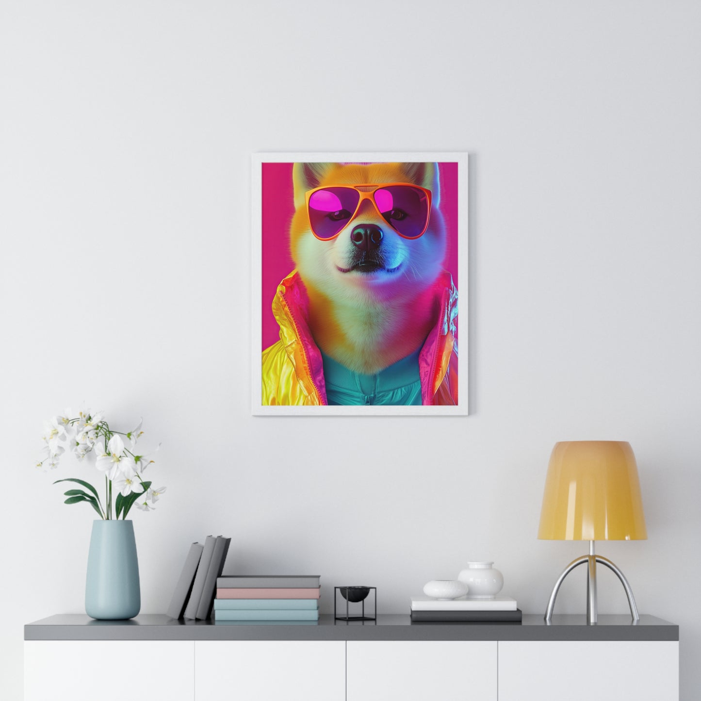 Neon Shiba Inu Boss - Retro Dog Portrait Poster
