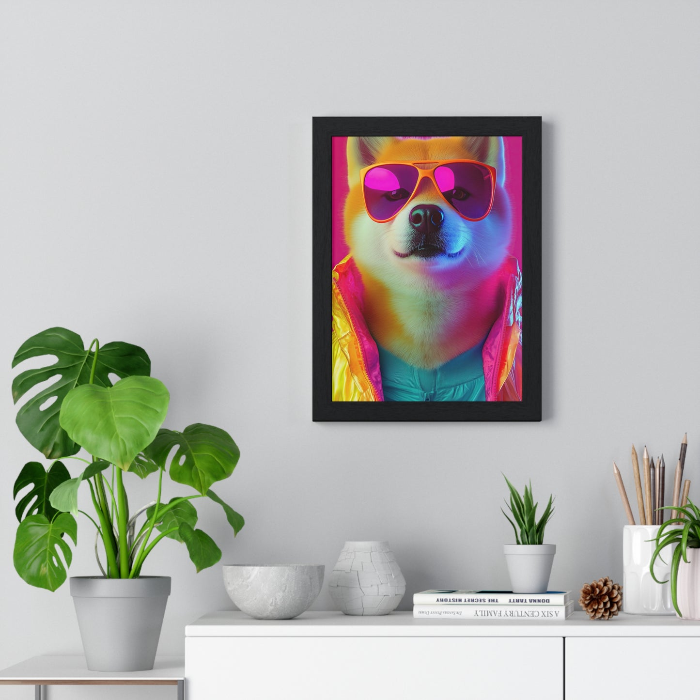Neon Shiba Inu Boss - Retro Dog Portrait Poster