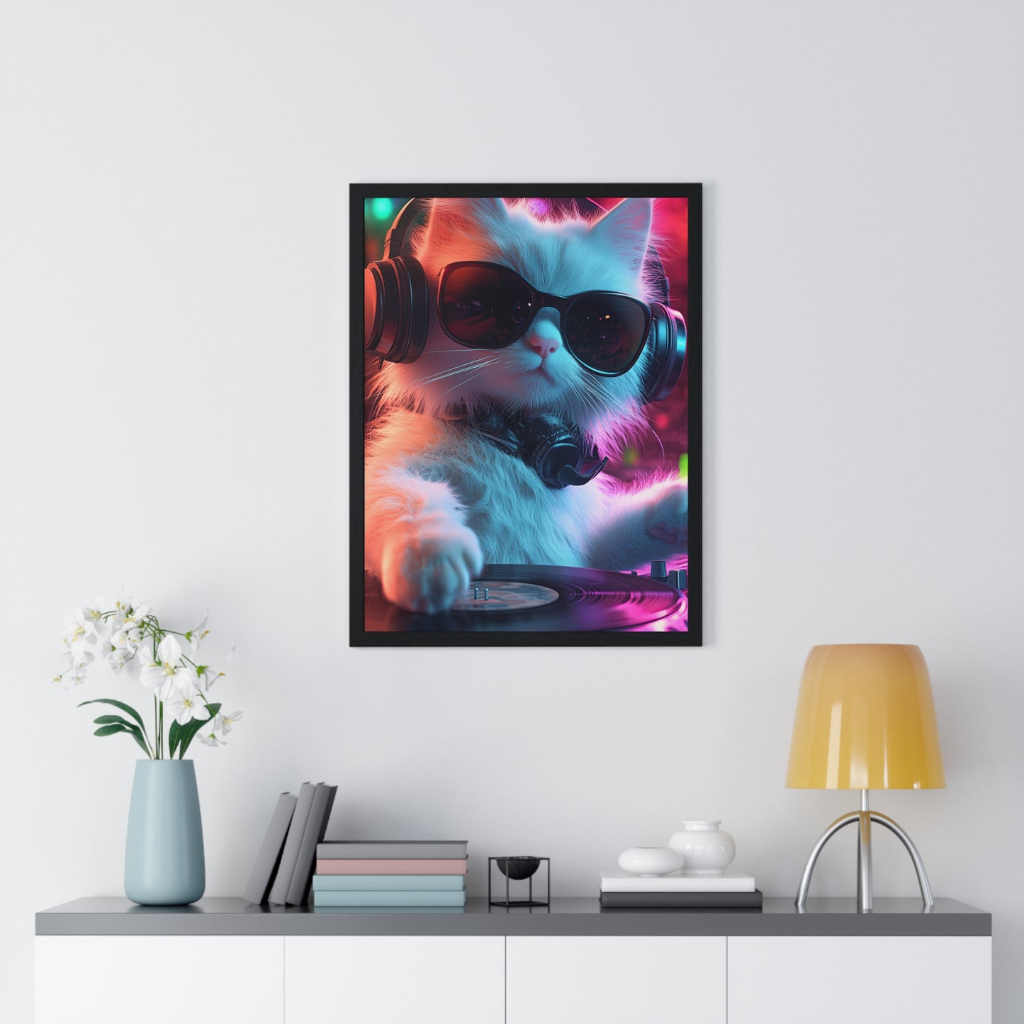 Cat DJ Neon Wall Art - Boss Beagle Vertical Framed Poster