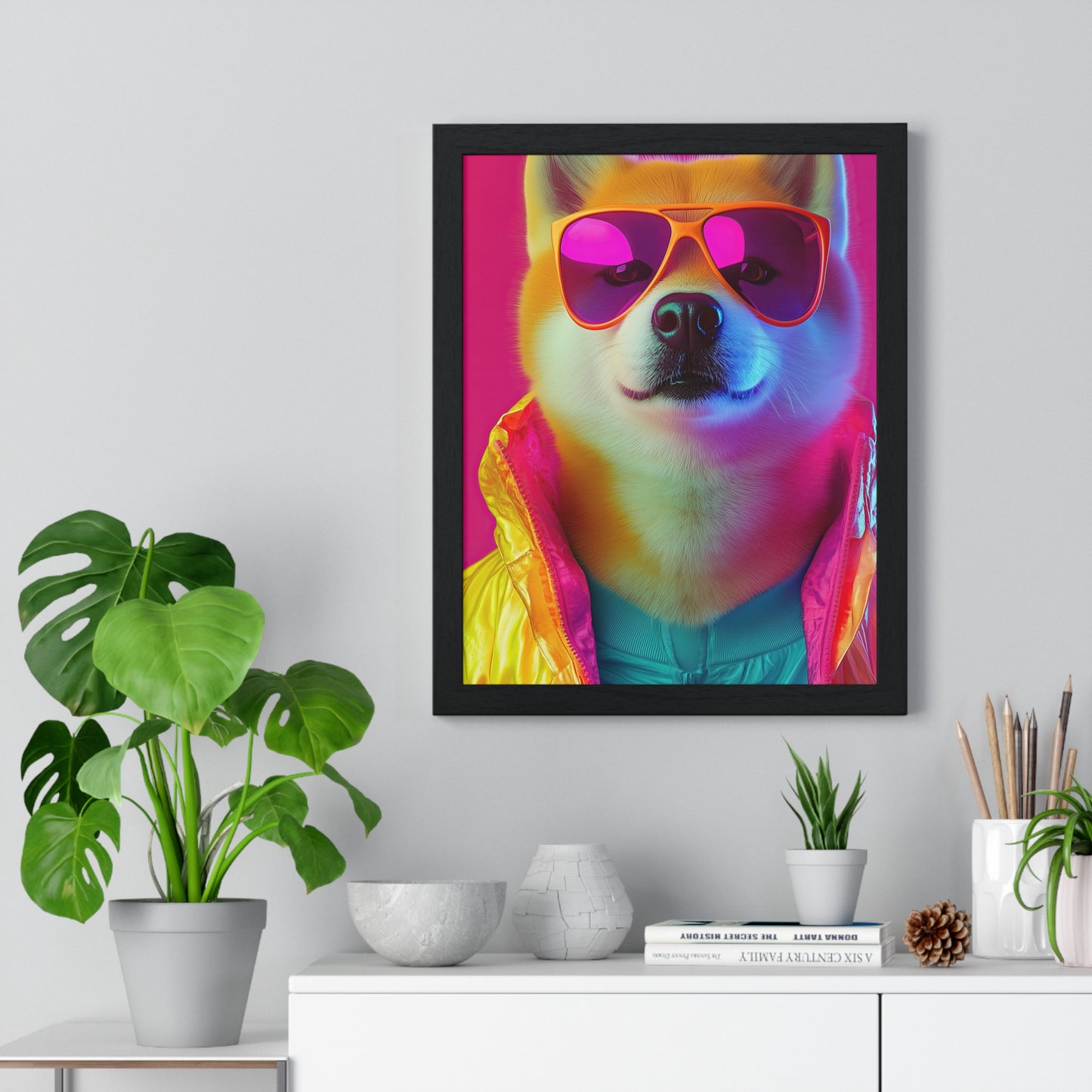 Neon Shiba Inu Boss - Retro Dog Portrait Poster