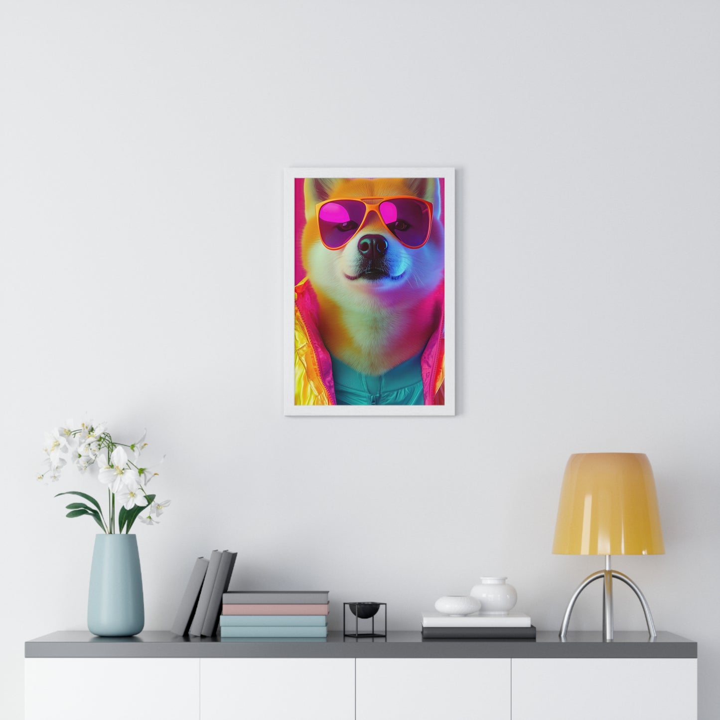 Neon Shiba Inu Boss - Retro Dog Portrait Poster