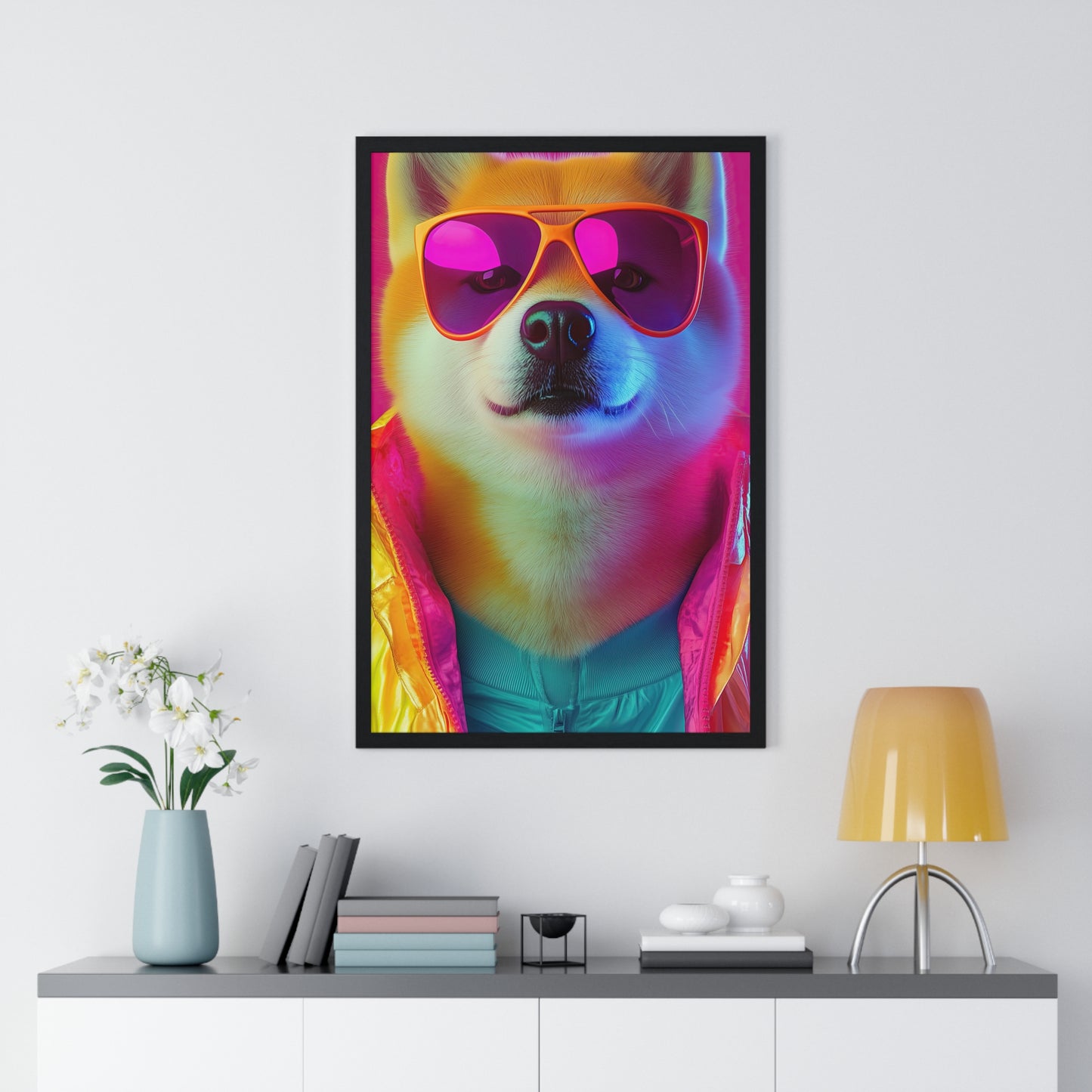 Neon Shiba Inu Boss - Retro Dog Portrait Poster