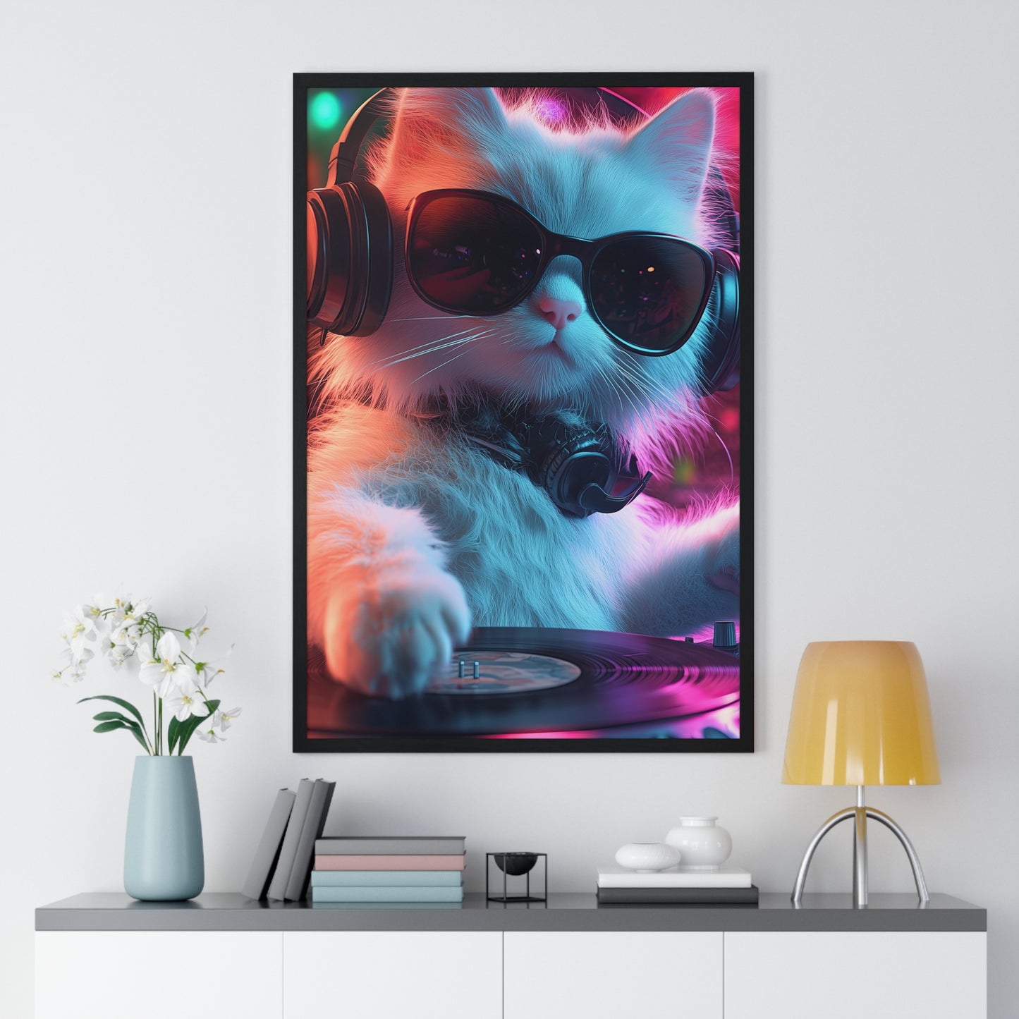 Cat DJ Neon Wall Art - Boss Beagle Vertical Framed Poster