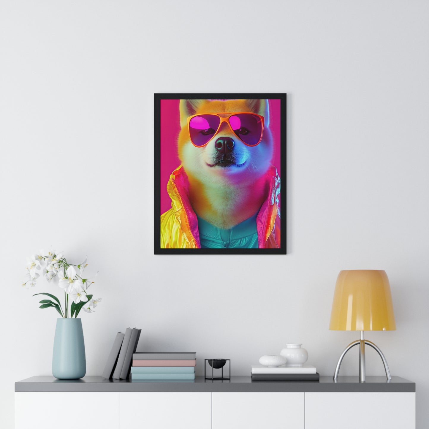 Neon Shiba Inu Boss - Retro Dog Portrait Poster