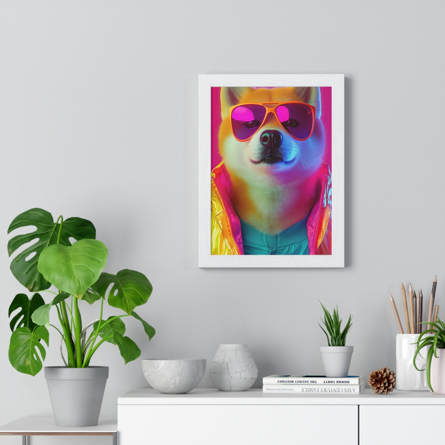 Neon Shiba Inu Boss - Retro Dog Portrait Poster