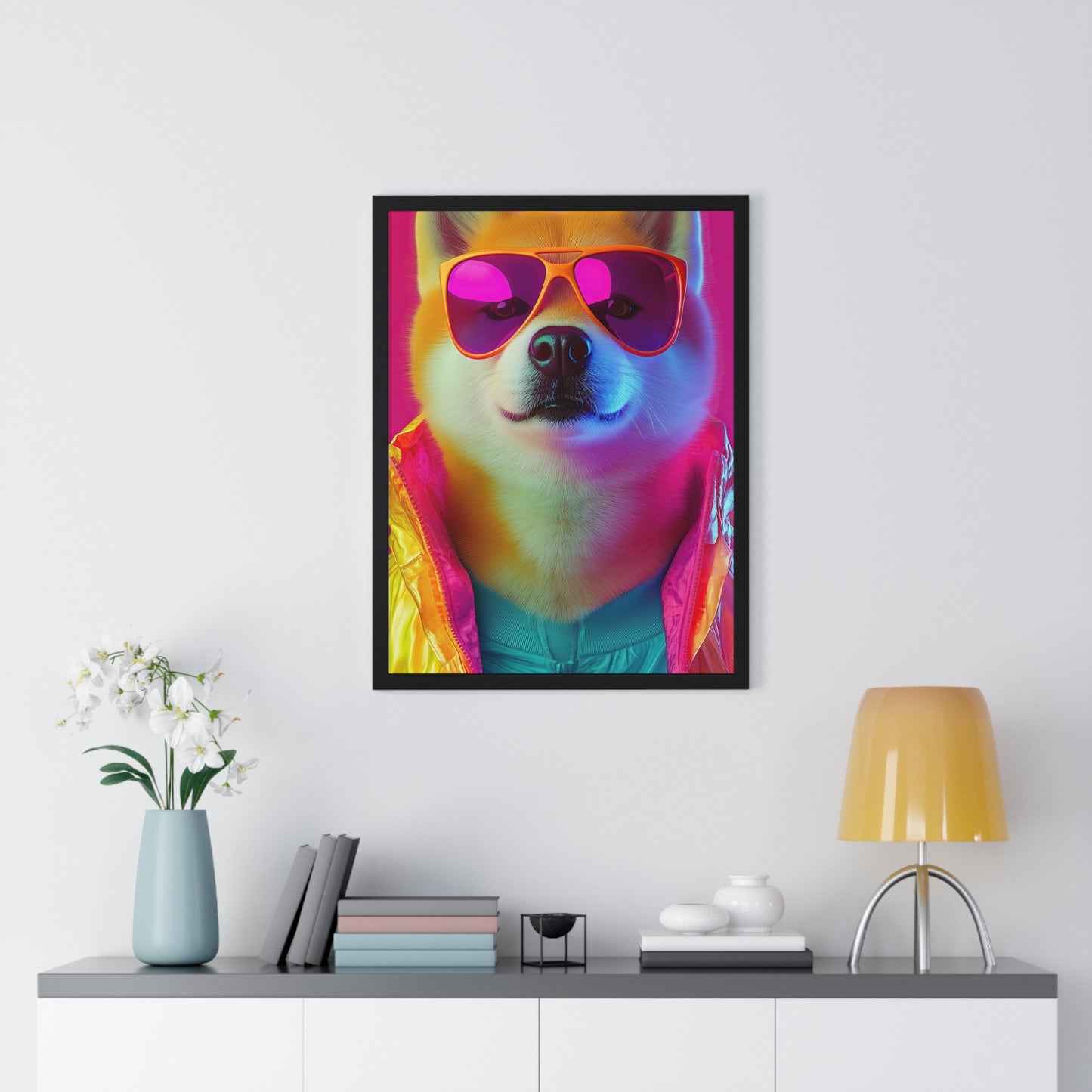 Neon Shiba Inu Boss - Retro Dog Portrait Poster