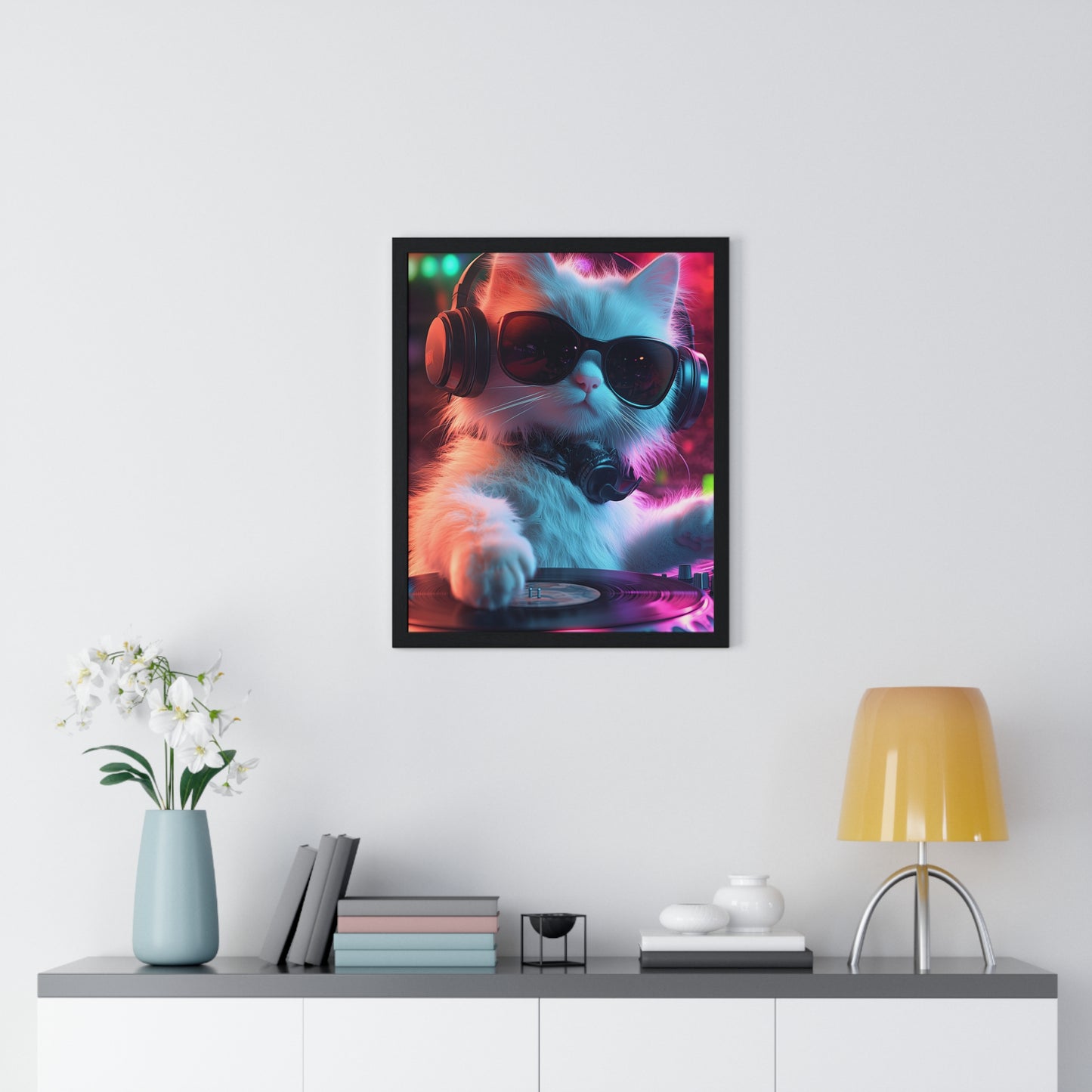Cat DJ Neon Wall Art - Boss Beagle Vertical Framed Poster
