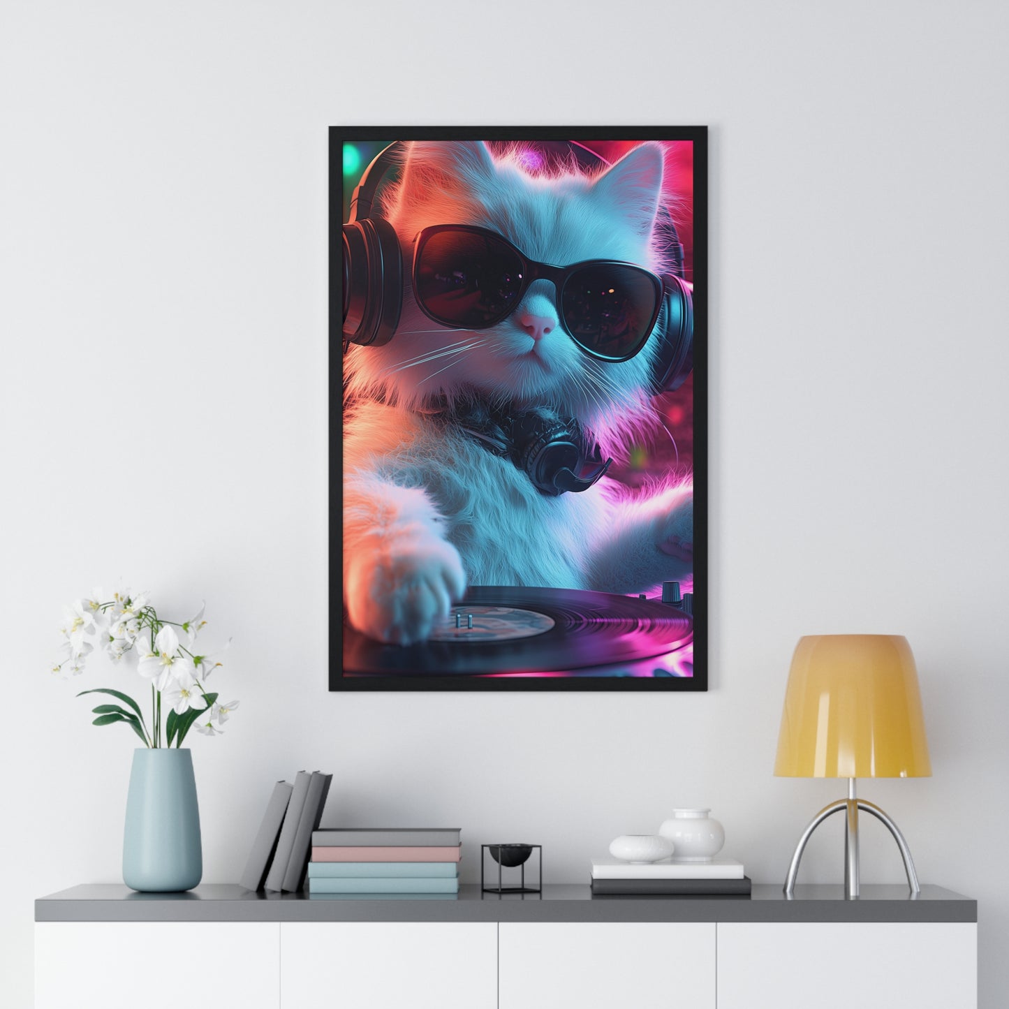 Cat DJ Neon Wall Art - Boss Beagle Vertical Framed Poster