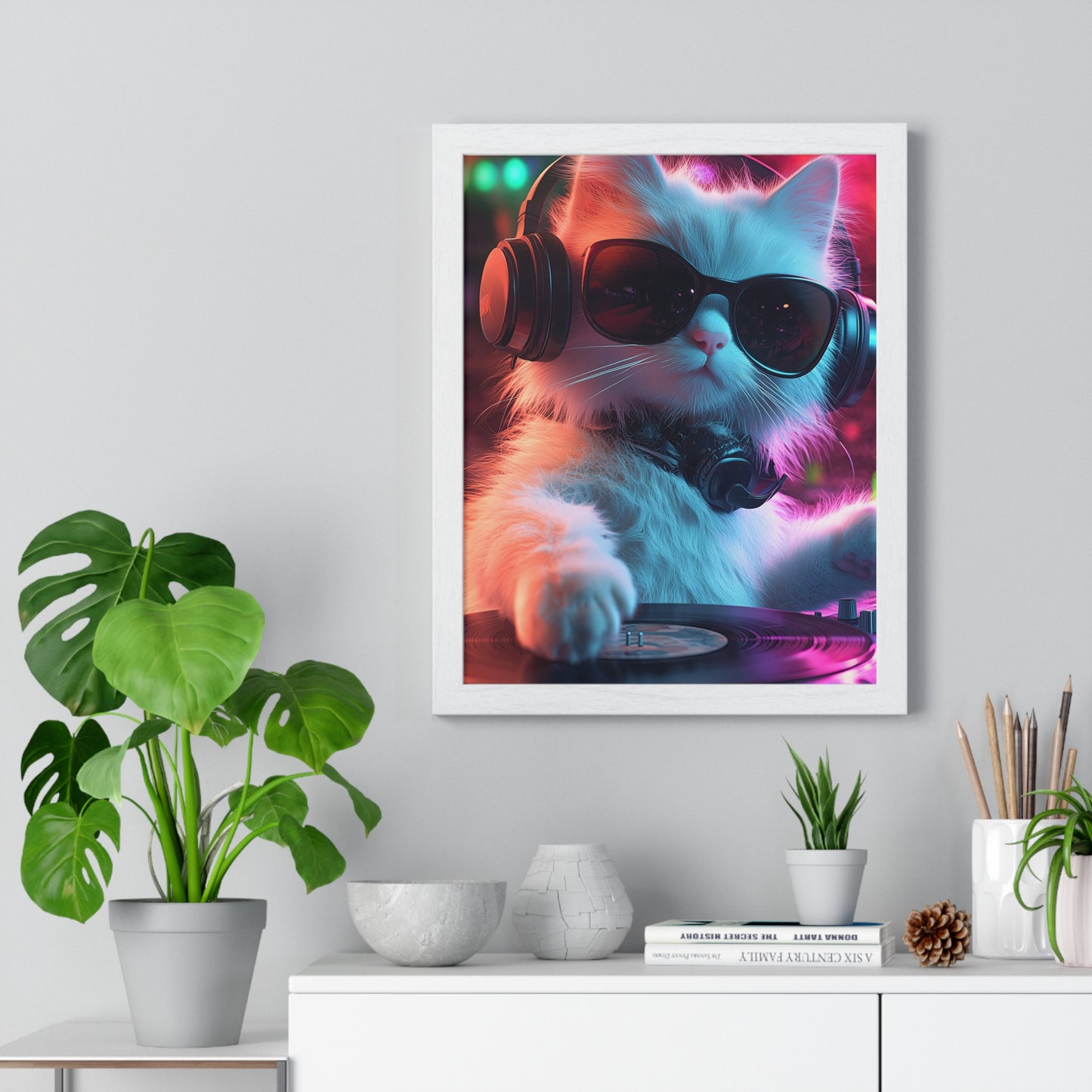 Cat DJ Neon Wall Art - Boss Beagle Vertical Framed Poster